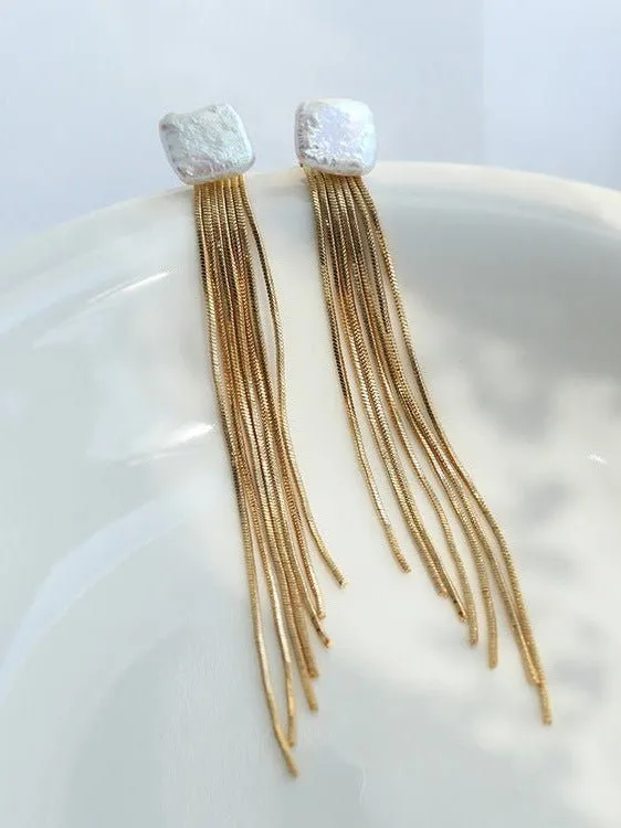 Square Baroque Pearl Tassel Fringe Earrings