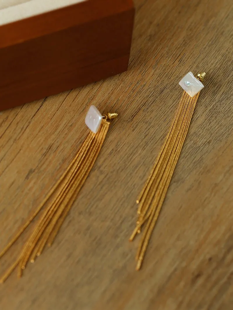 Square Baroque Pearl Tassel Fringe Earrings