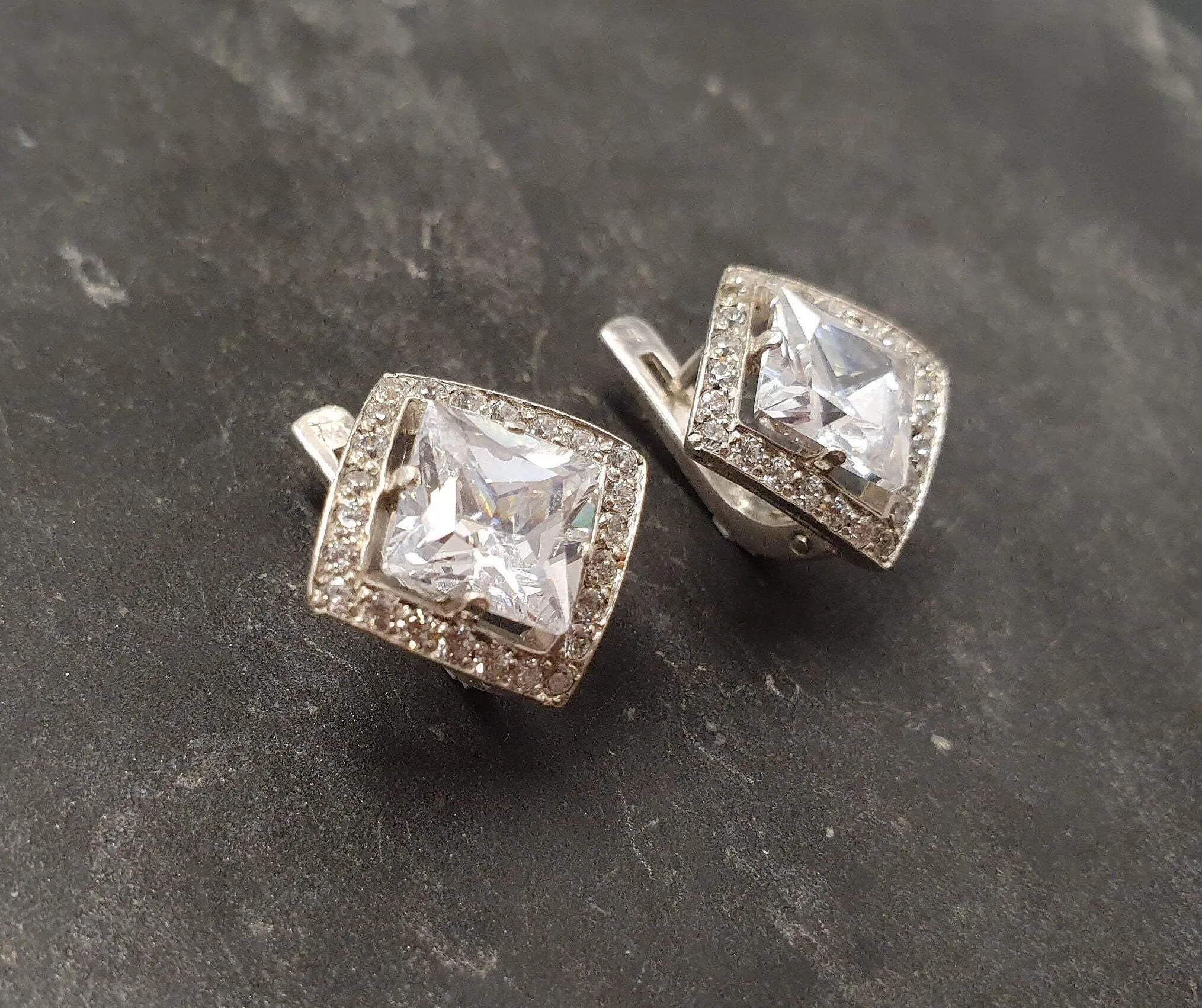 Square Diamond Earrings - Classy Sparkly Earrings - Vintage Square Studs