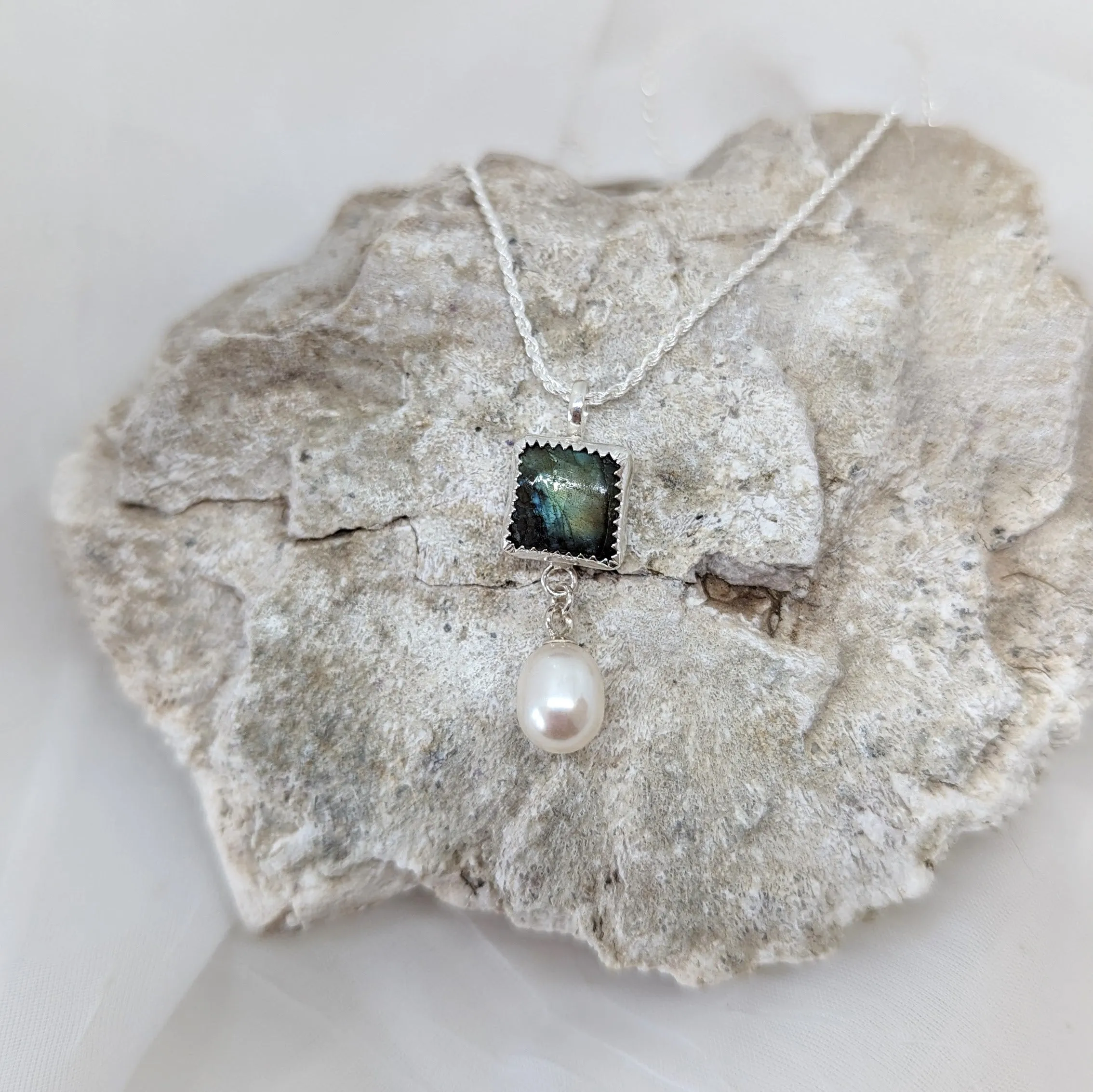 Square Labradorite and Pearl Necklace