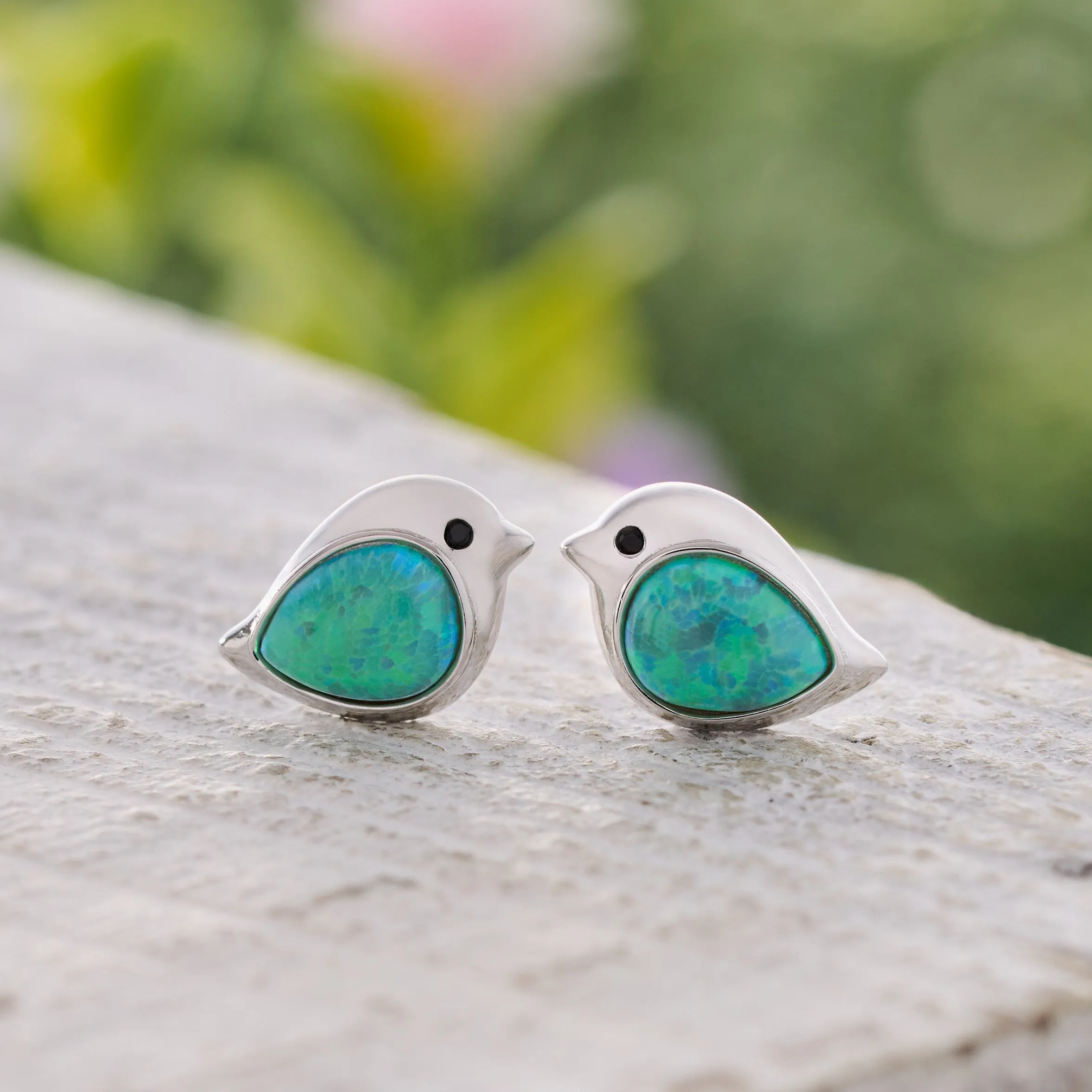 Sterling Silver Green Opal Birdie Studs