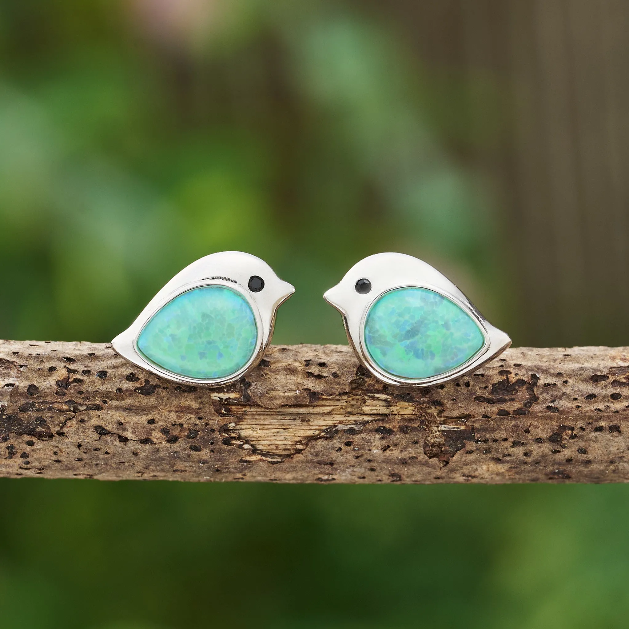 Sterling Silver Green Opal Birdie Studs