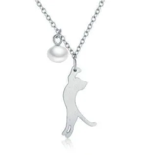 Trouble Dangling Kitten and Pearl Ball Sterling Silver Necklace