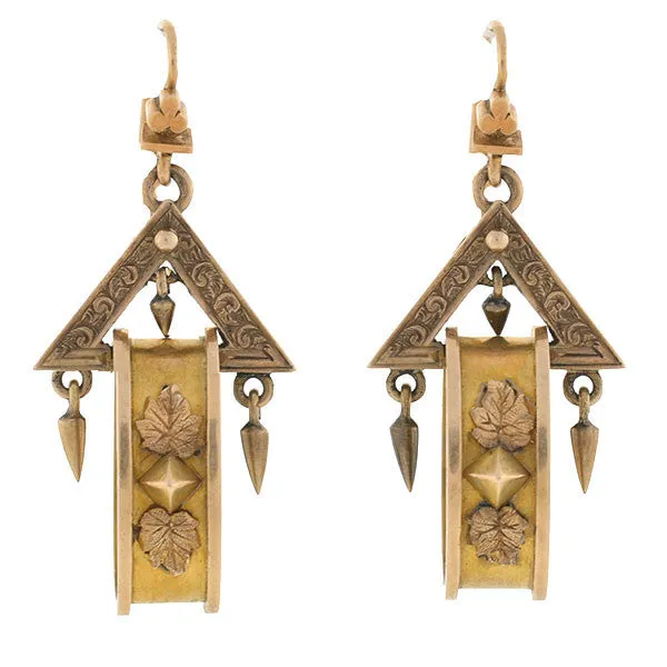 Victorian 15kt Gold Dangling Triangle & Hoop Earrings