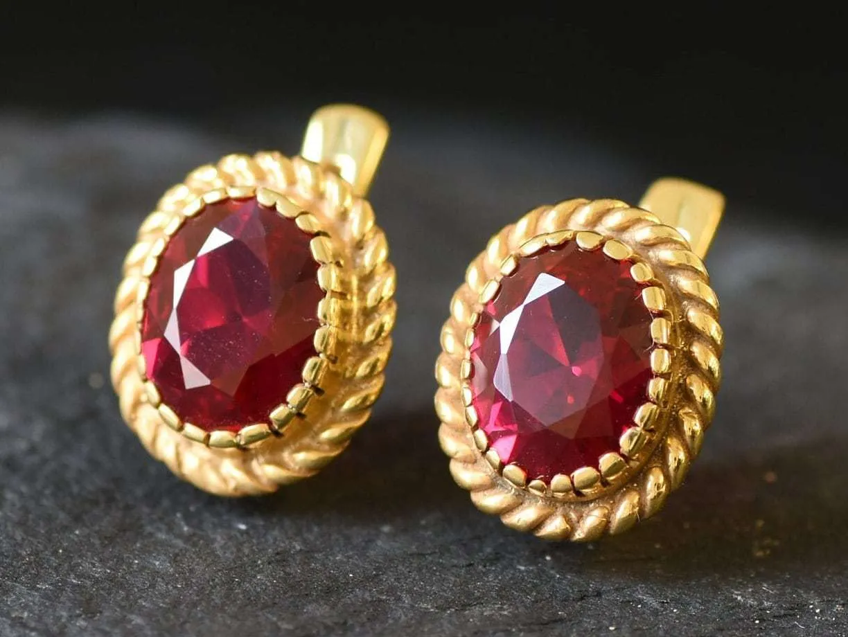 Victorian Ruby Earrings - Red Oval Studs, Gold Ruby Earrings