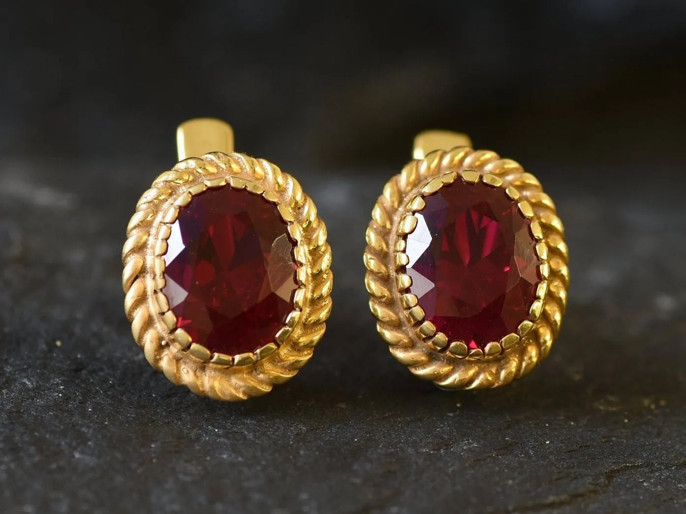 Victorian Ruby Earrings - Red Oval Studs, Gold Ruby Earrings