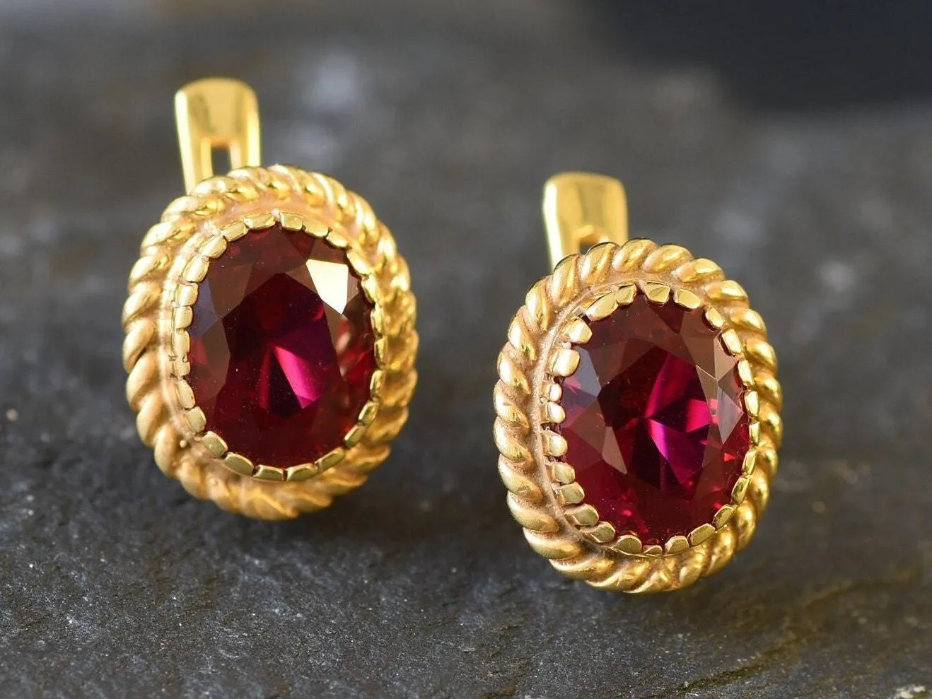 Victorian Ruby Earrings - Red Oval Studs, Gold Ruby Earrings