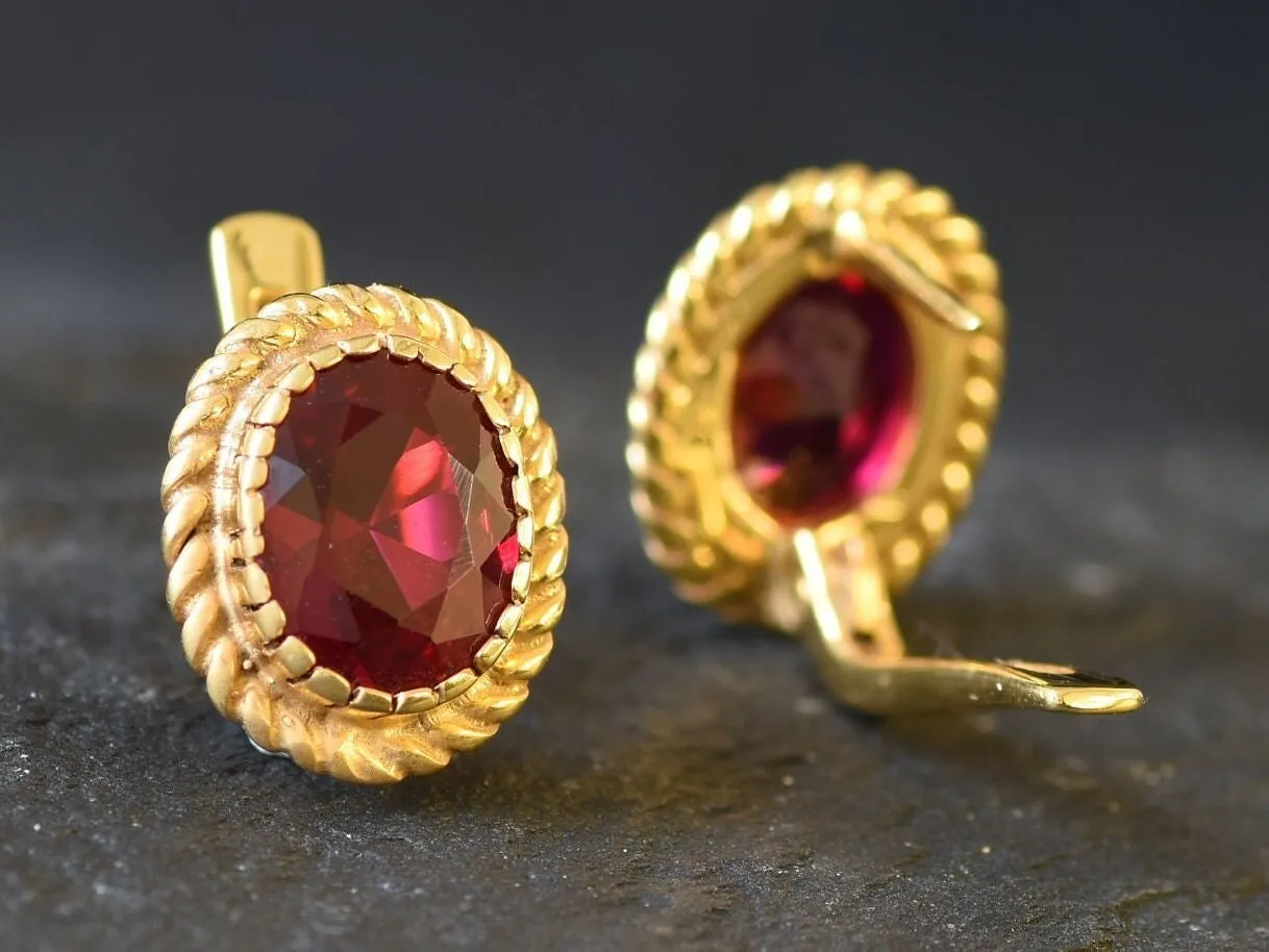 Victorian Ruby Earrings - Red Oval Studs, Gold Ruby Earrings