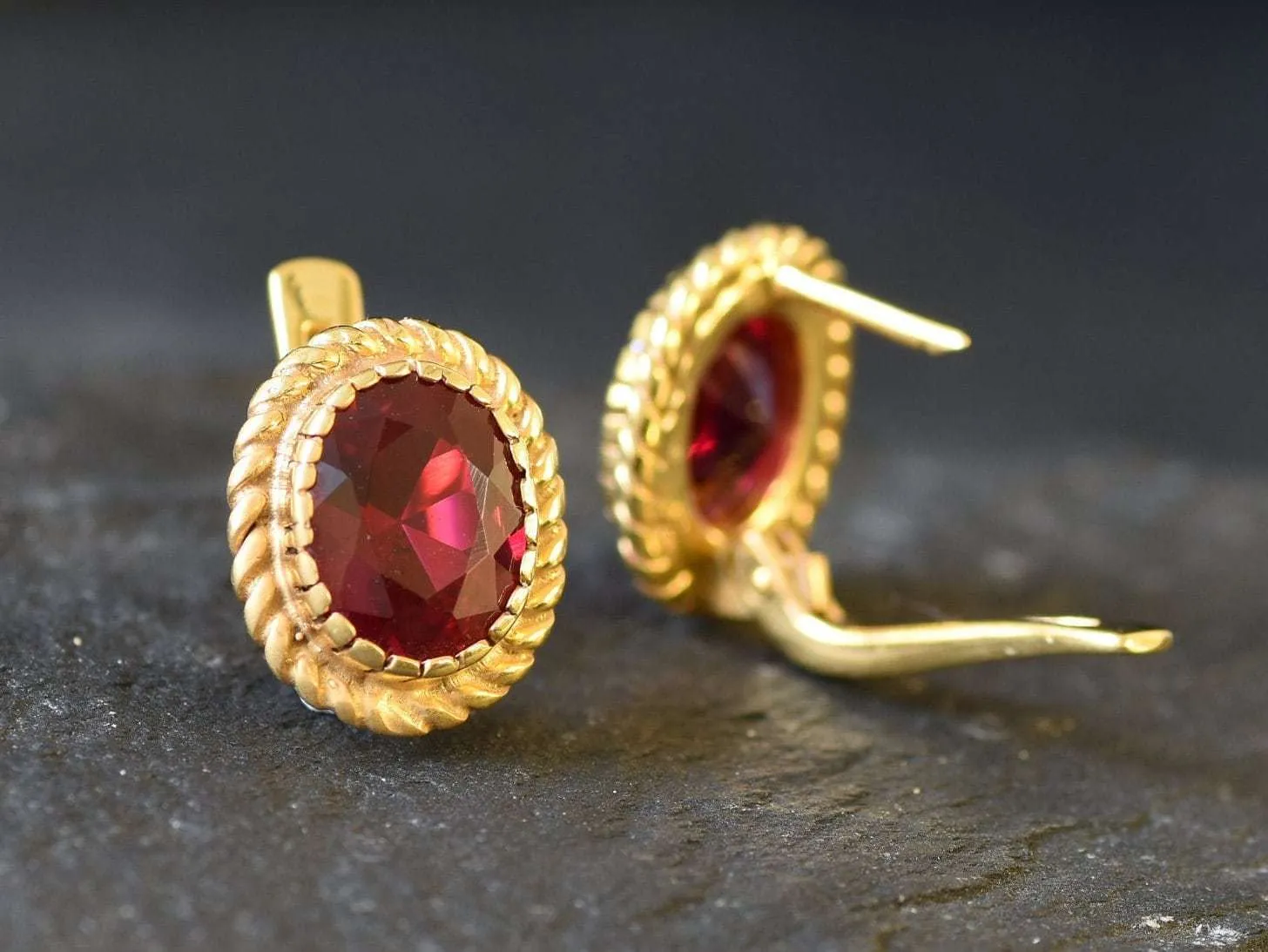 Victorian Ruby Earrings - Red Oval Studs, Gold Ruby Earrings