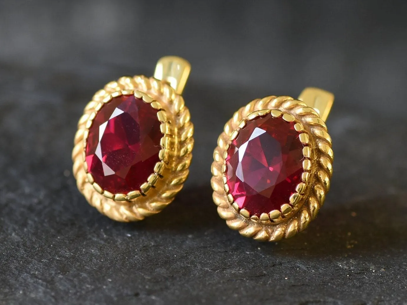 Victorian Ruby Earrings - Red Oval Studs, Gold Ruby Earrings