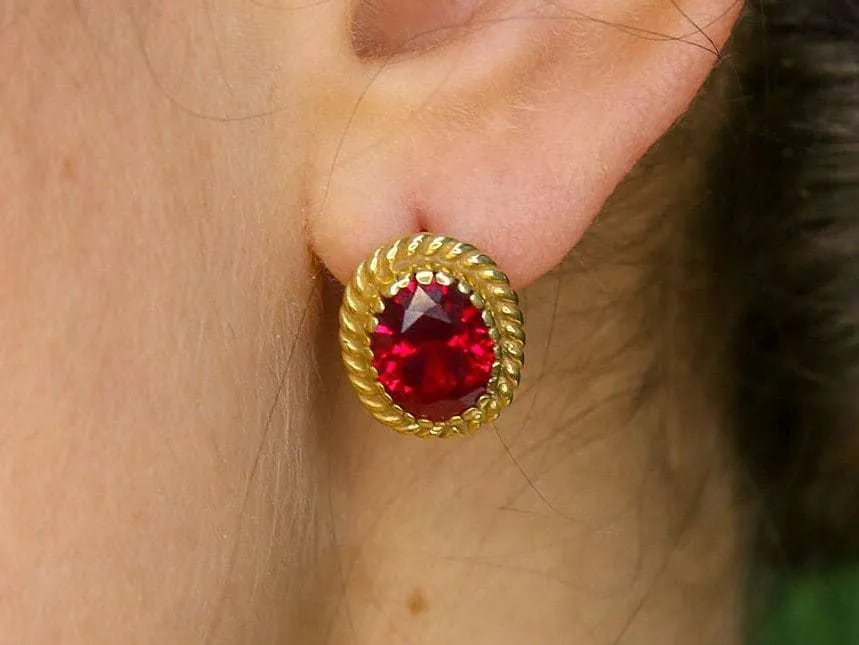 Victorian Ruby Earrings - Red Oval Studs, Gold Ruby Earrings