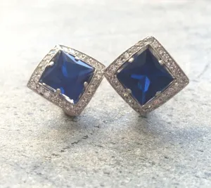 Vintage Sapphire Earrings - Large Sapphire Studs - Blue Sapphire Earrings