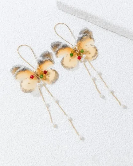 Whimsical - Gold chains dangling butterfly earrings | oversize pearl drop earrings | flowy flying butterflies statement | summer spring garden style