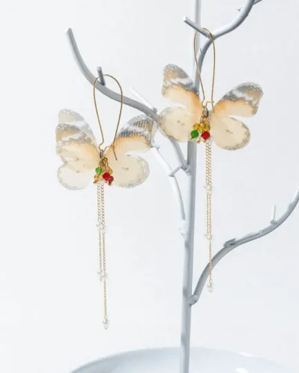 Whimsical - Gold chains dangling butterfly earrings | oversize pearl drop earrings | flowy flying butterflies statement | summer spring garden style