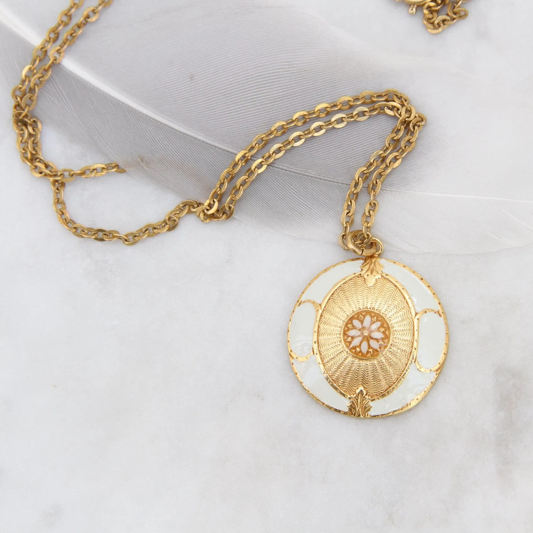 White Enamel Madallion Pendant on Delicate Link Chain