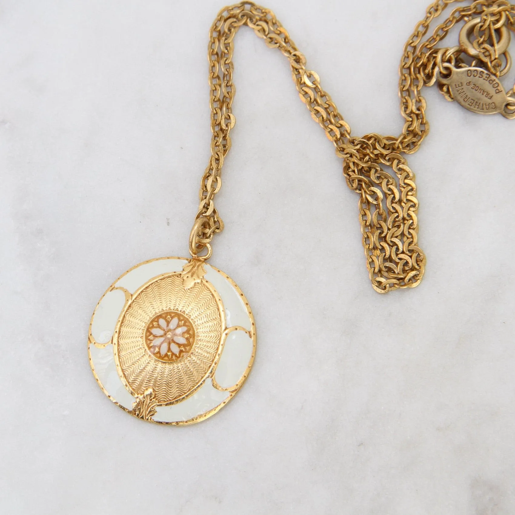 White Enamel Madallion Pendant on Delicate Link Chain