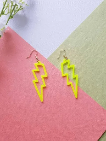 Y2K - Bright neon yellow electric lightning earrings | Art dangle earrings | pop fun charm hoop earrings | oversize statement earrings