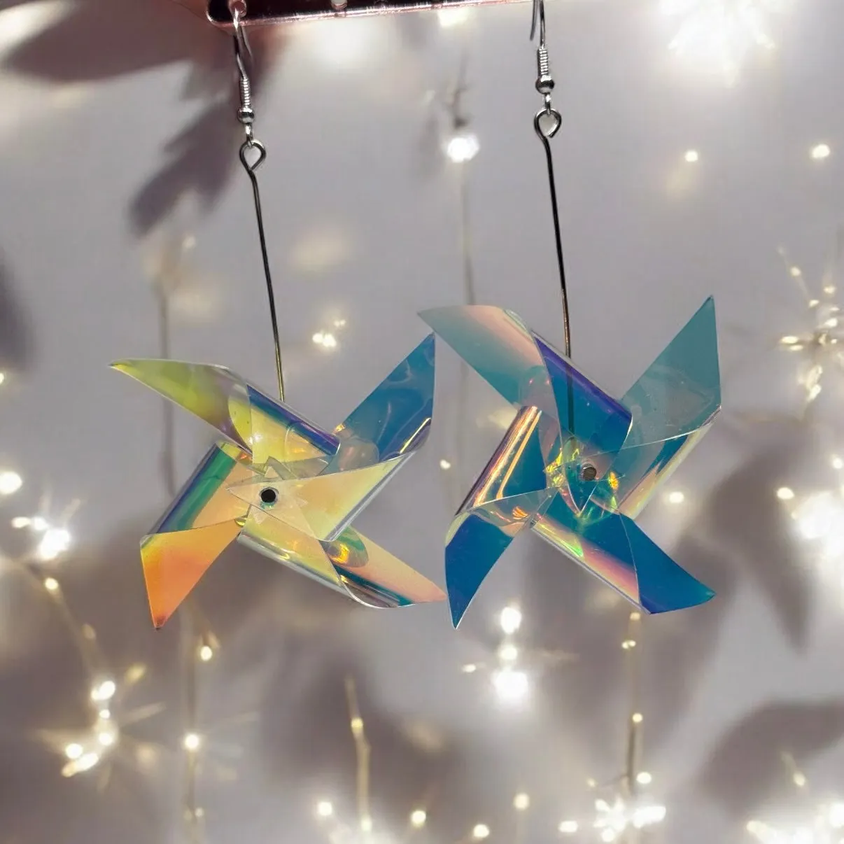 Y2K - Large Iridescent windmill earrings | transparent hologram pinwheel kawaii dangle earrings | pop art aesthetic y2k fun drop earrings