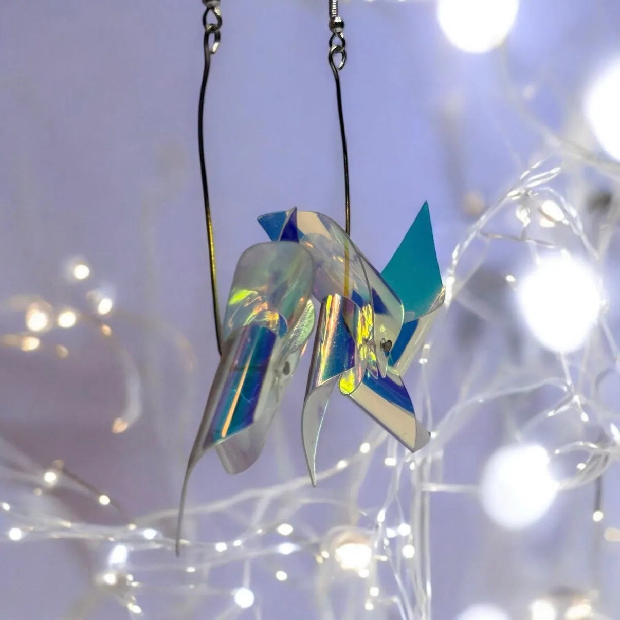 Y2K - Large Iridescent windmill earrings | transparent hologram pinwheel kawaii dangle earrings | pop art aesthetic y2k fun drop earrings