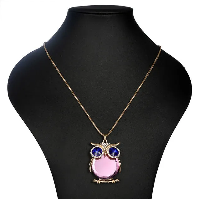 YAAYOO Women Owl Necklace 18 Colors Glass 75cm Long Pendants Chokers Statement Necklaces For Girl Gift Party